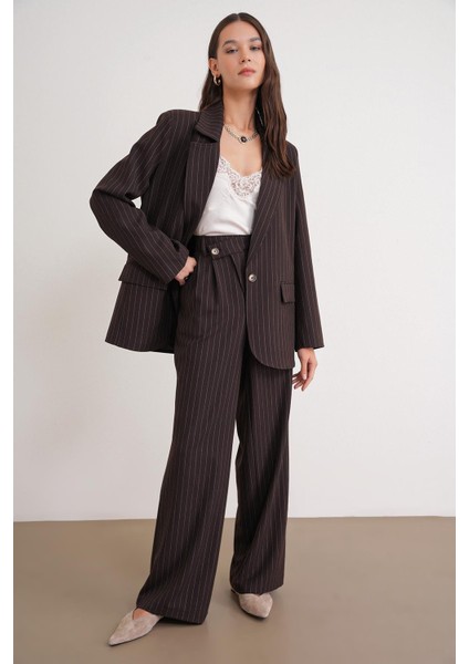 4753 Kadın Çizgili Oversize Blazer Ceket Kahve fiyatları