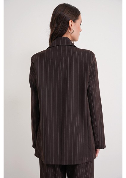 4753 Kadın Çizgili Oversize Blazer Ceket Kahve