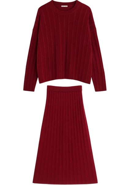 6960 Kadın Saç Örgülü Yumuşak Dokulu Triko Alt Üst Takım Bordo