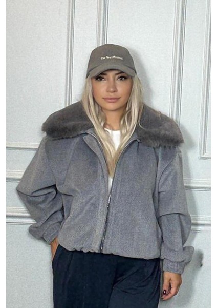 Kürklü Yaka Fermuarlı Kadın Gri Spor Mont fiyatları