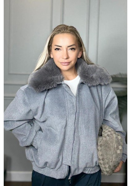 Kürklü Yaka Fermuarlı Kadın Gri Spor Mont fırsatları