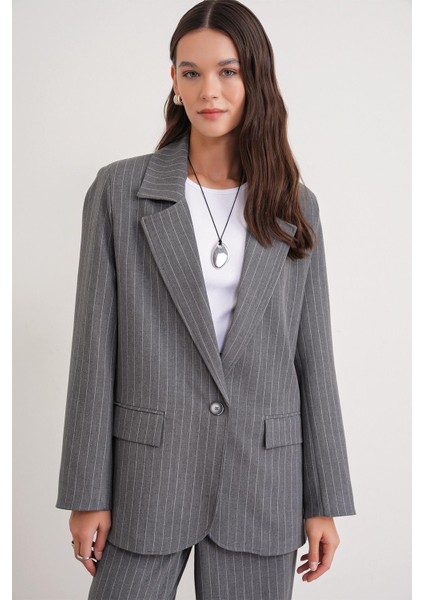 4753 Kadın Çizgili Oversize Blazer Ceket Gri