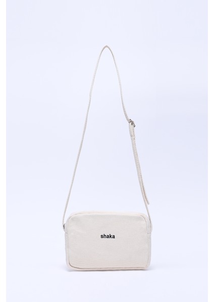 Krem SHK156 Kanvas Kumaş Tek Bölmeli Askılı Fermuarlı Çapraz Omuz Çantası