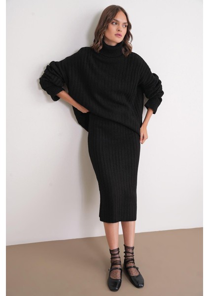 6929 Kadın Fitilli Triko Etek Siyah