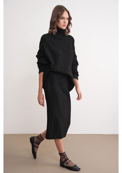 6929 Kadın Fitilli Triko Etek Siyah fiyatları