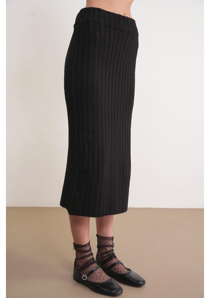 6929 Kadın Fitilli Triko Etek Siyah modelleri