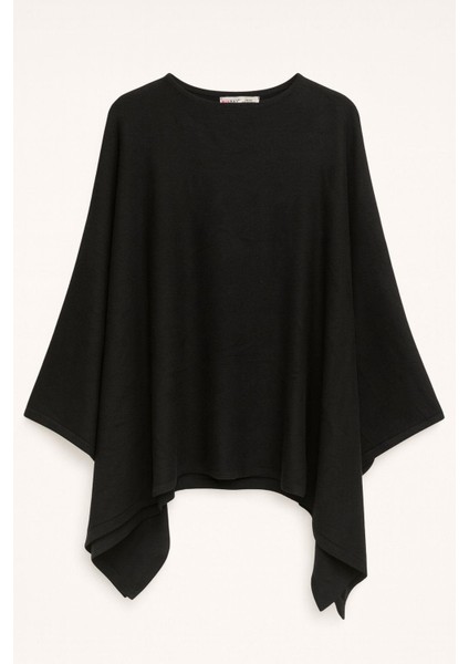 6984 Kadın Yumuşak Dokulu Triko Panço Kazak Siyah