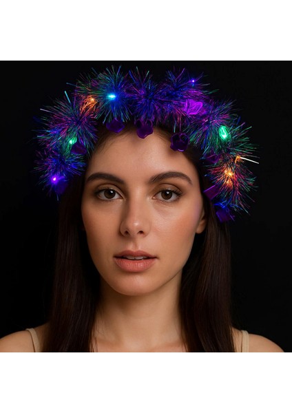 Techmrt Kalp Püsküllü Gece Parıltısı 3 Modlu Led&amp;#39;li Işıklı Taç Mor Renk