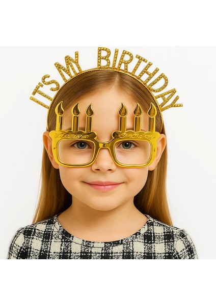 Techmrt It&amp;#39;s My Birthday Yazılı Taç ve Mum Şekilli Gözlük Seti Altın Renk