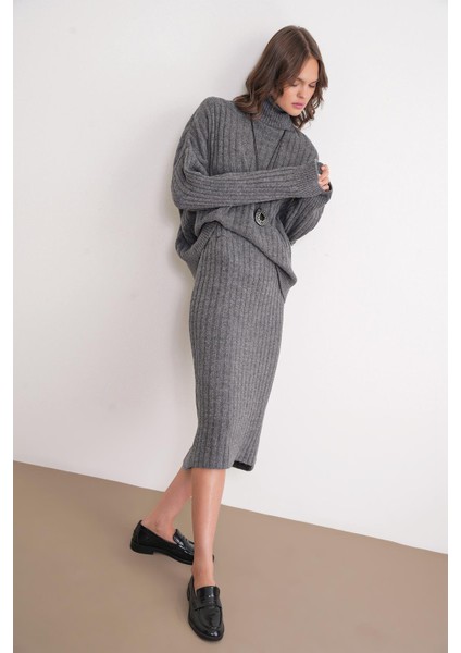 6929 Kadın Fitilli Triko Etek Antrasit