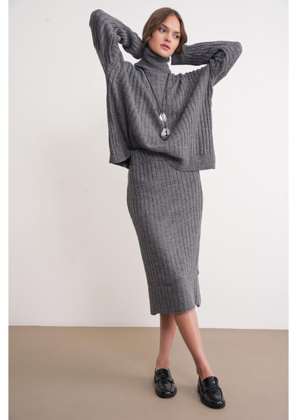 6929 Kadın Fitilli Triko Etek Antrasit fiyatları