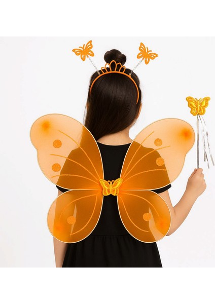 Techmrt Turuncu Kelebek Kız Seti – 50 cm Kelebek Kanadı, Taç ve Asa