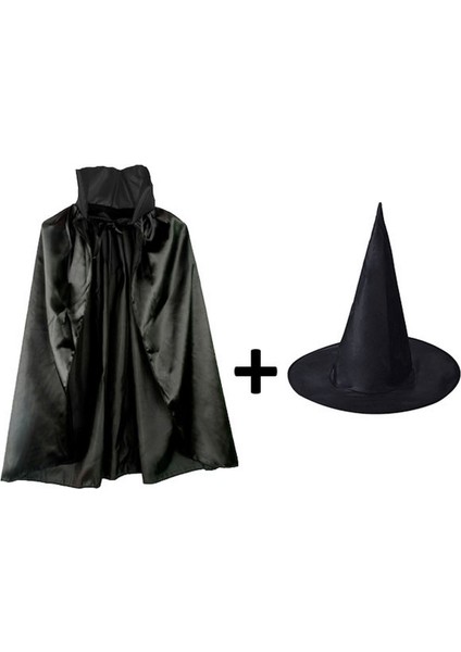 Techmrt Siyah Yakalı Pelerin ve Siyah Cadı Şapkası Seti Çocuk Boy