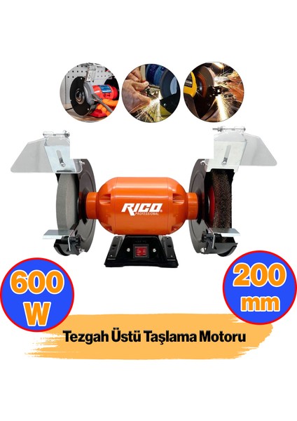 Elektrikli Bıçak Kesici Bileme Taş Motoru 200 mm Zımpara 600 W Rico Taşlama Metal Tezgah Üstü Çark