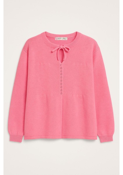 6952 Kadın Bağlamalı Düğme Detaylı Triko Kazak Pembe