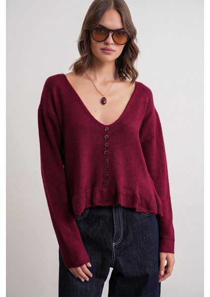 6954 Kadın Fırfır Detaylı V Yaka Triko Kazak Bordo