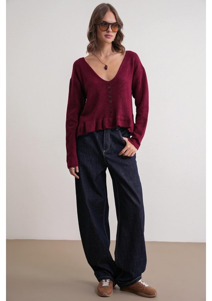 6954 Kadın Fırfır Detaylı V Yaka Triko Kazak Bordo fiyatları