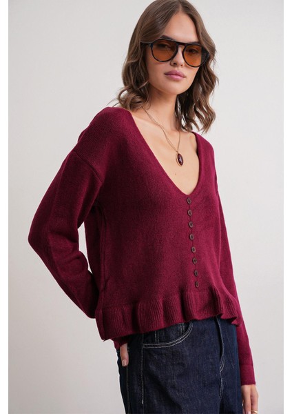 6954 Kadın Fırfır Detaylı V Yaka Triko Kazak Bordo fırsatları