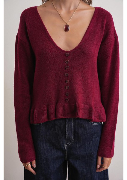 6954 Kadın Fırfır Detaylı V Yaka Triko Kazak Bordo indirimleri