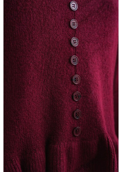 6954 Kadın Fırfır Detaylı V Yaka Triko Kazak Bordo