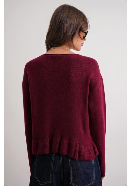 6954 Kadın Fırfır Detaylı V Yaka Triko Kazak Bordo