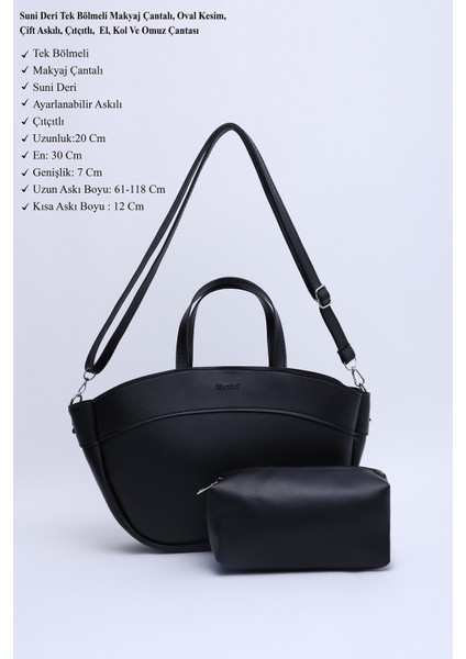 Siyah SHK199 Suni Deri Tek Bölmeli, Makyaj Çantalı,çift Askılı El. Kol ve Omuz Çantası modelleri