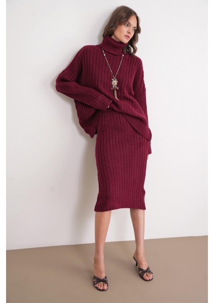 6929 Kadın Fitilli Triko Etek Bordo