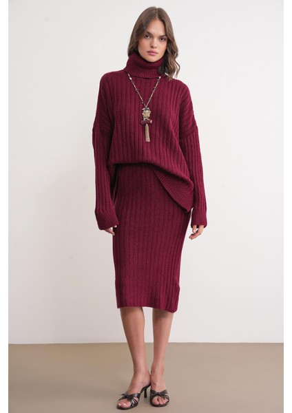 6929 Kadın Fitilli Triko Etek Bordo fiyatları