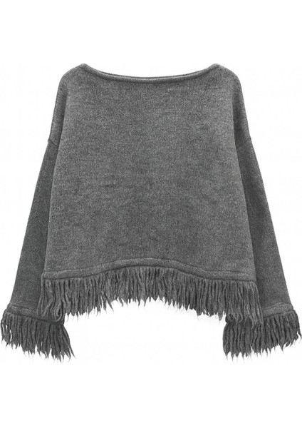 6981 Kadın Püskül Detaylı Kayık Yaka Triko Kazak Antrasit