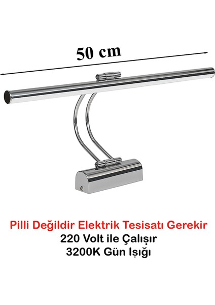 Flüt LED Aplik 50 cm 3200K Gün Işığı | Modern Duvar Aydınlatma | Enerji Tasarruflu Banyo, Tablo ve Çalışma Masası Lambası (Krom)