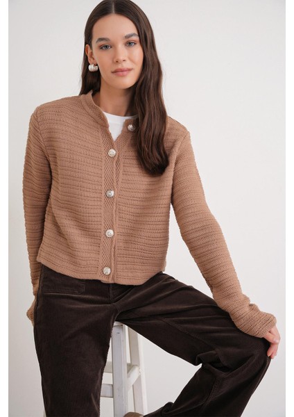 6778 Kadın Links Desenli Crop Triko Hırka Camel