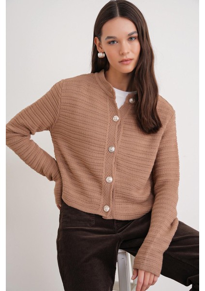 6778 Kadın Links Desenli Crop Triko Hırka Camel modelleri