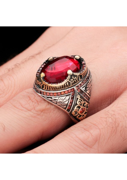 Ağır Işçilikli Kırmızı Zirkon Taşlı 925 Ayar Gümüş Yüzük