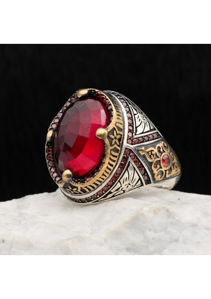 Ağır Işçilikli Kırmızı Zirkon Taşlı 925 Ayar Gümüş Yüzük fiyatları