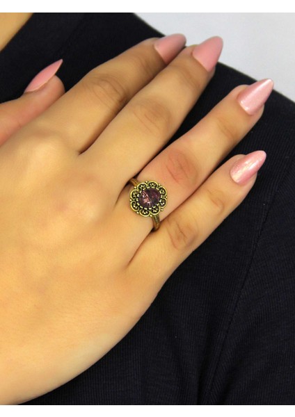 Doğal Taş Ametist Doğal Taşlı Antik Model Kadın Ayarlanabillir Yüzük EUY77AMT