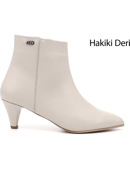 Kadın Bej Fermuarlı Sivri Burun Hakiki Deri Bot