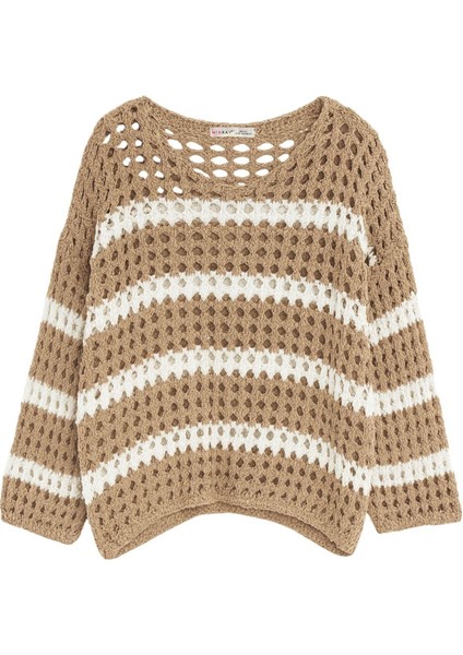 6878 Kadın Çizgili Pirinç Triko Hırka Naturel