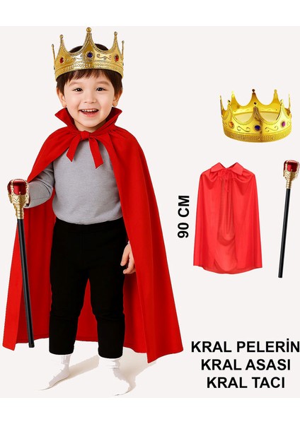 Techmrt Çocuk Kral Kostüm Seti – Kırmızı Pelerin, Taç ve Asa (90 Cm)