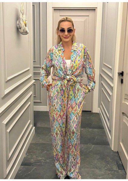 Beli Lastikli Geometrik Desen Çok Renkli Kadın Alt Üst Takım