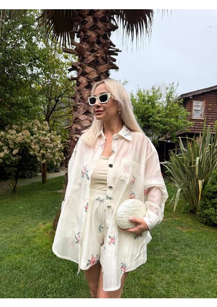 Çiçek Nakış Işlemeli Tül Kadın Beyaz Alt Üst Takım