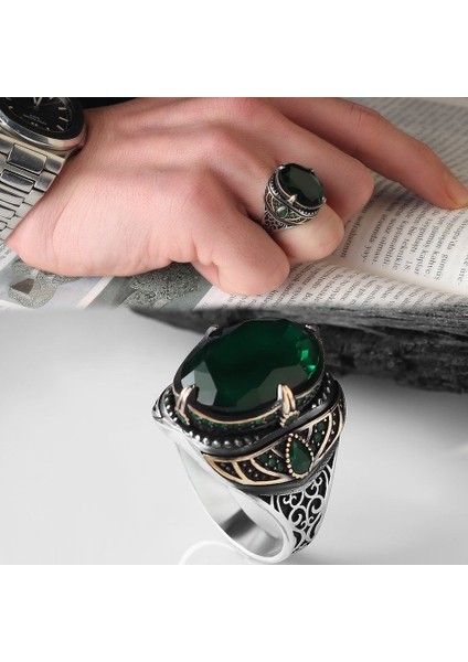 Yeşil Zirkon Taşlı 925 Ayar Erkek Gümüş Yüzük