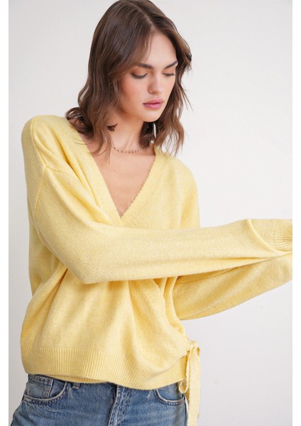 6959 Kadın Fiyonklu Triko Hırka Sarı modelleri