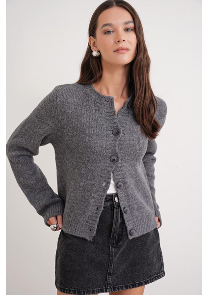 6951 Kadın Bisiklet Yaka Düğmeli Triko Kısa Hırka Antrasit