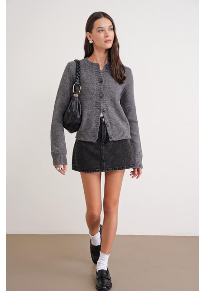 6951 Kadın Bisiklet Yaka Düğmeli Triko Kısa Hırka Antrasit fiyatları