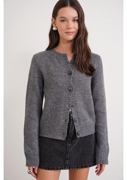 6951 Kadın Bisiklet Yaka Düğmeli Triko Kısa Hırka Antrasit modelleri