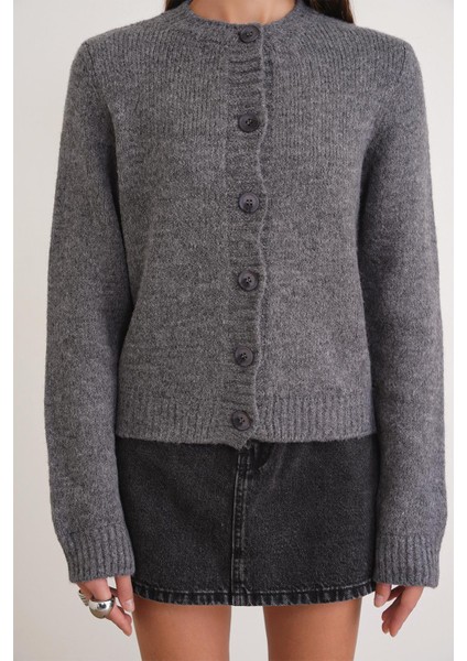 6951 Kadın Bisiklet Yaka Düğmeli Triko Kısa Hırka Antrasit indirimleri