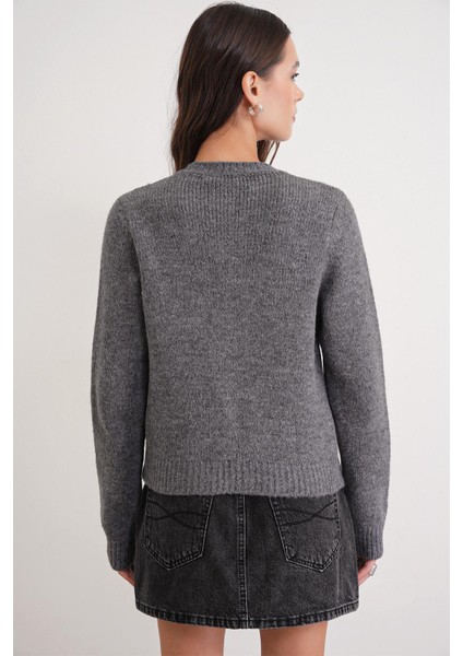 6951 Kadın Bisiklet Yaka Düğmeli Triko Kısa Hırka Antrasit