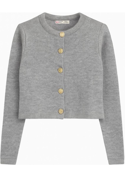 6722 Kadın Gold Düğmeli Basic Pike Triko Hırka Gri