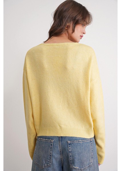 6959 Kadın Fiyonklu Triko Hırka Sarı