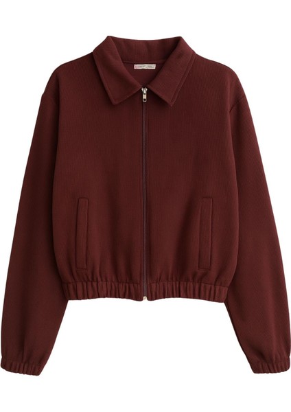 4764 Kadın Basic Fermuarlı Fitilli Örme Selanik Ceket Mürdüm